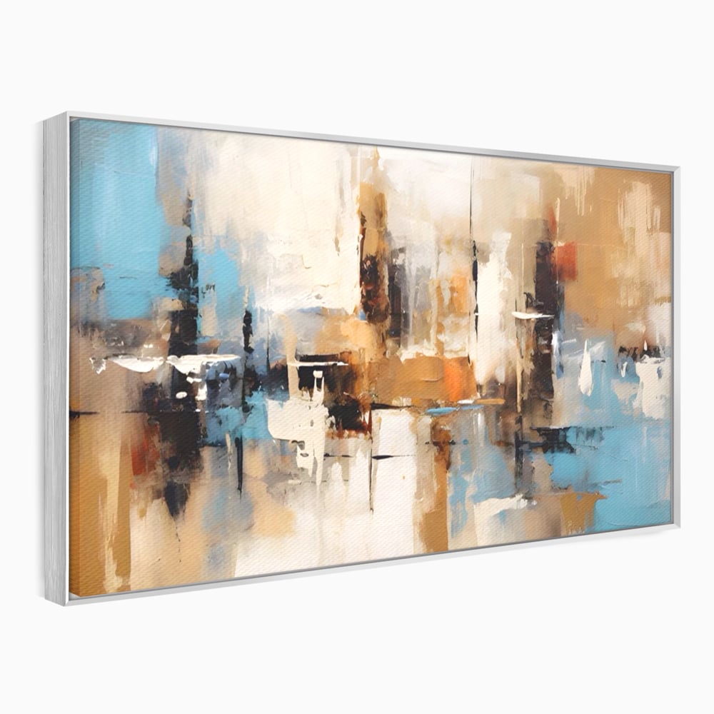 Tablou canvas cu pictura abstracta cu linii verticale, in rama de aluminiu argintiu